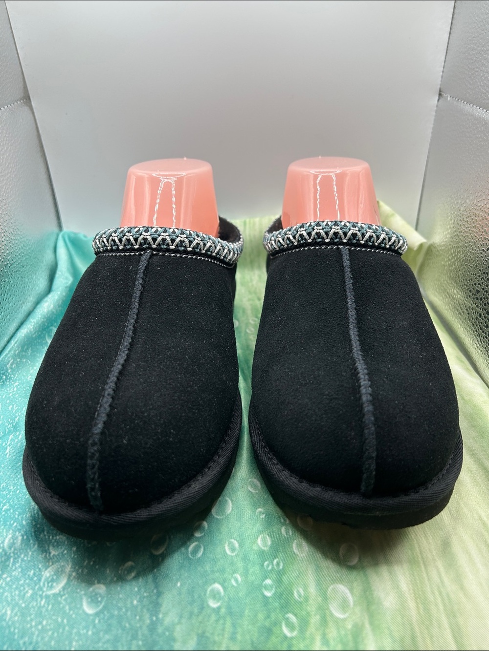 UGG Black Suede Tasman Clogs with Decorative Trim & wool lining 5 Kid 6 Wmn NIB